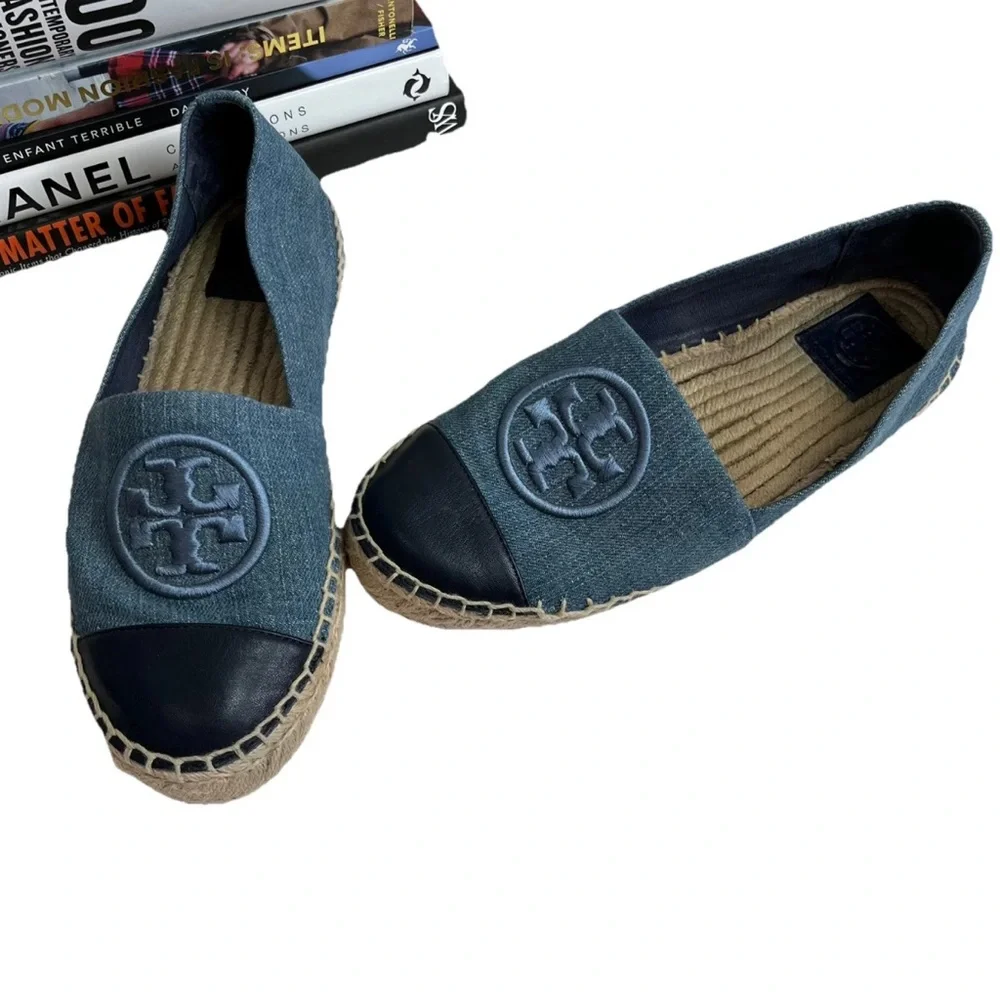 TORY BURCH Benton Slip On Platform Espadrille Flat Denim Navy Chambru
